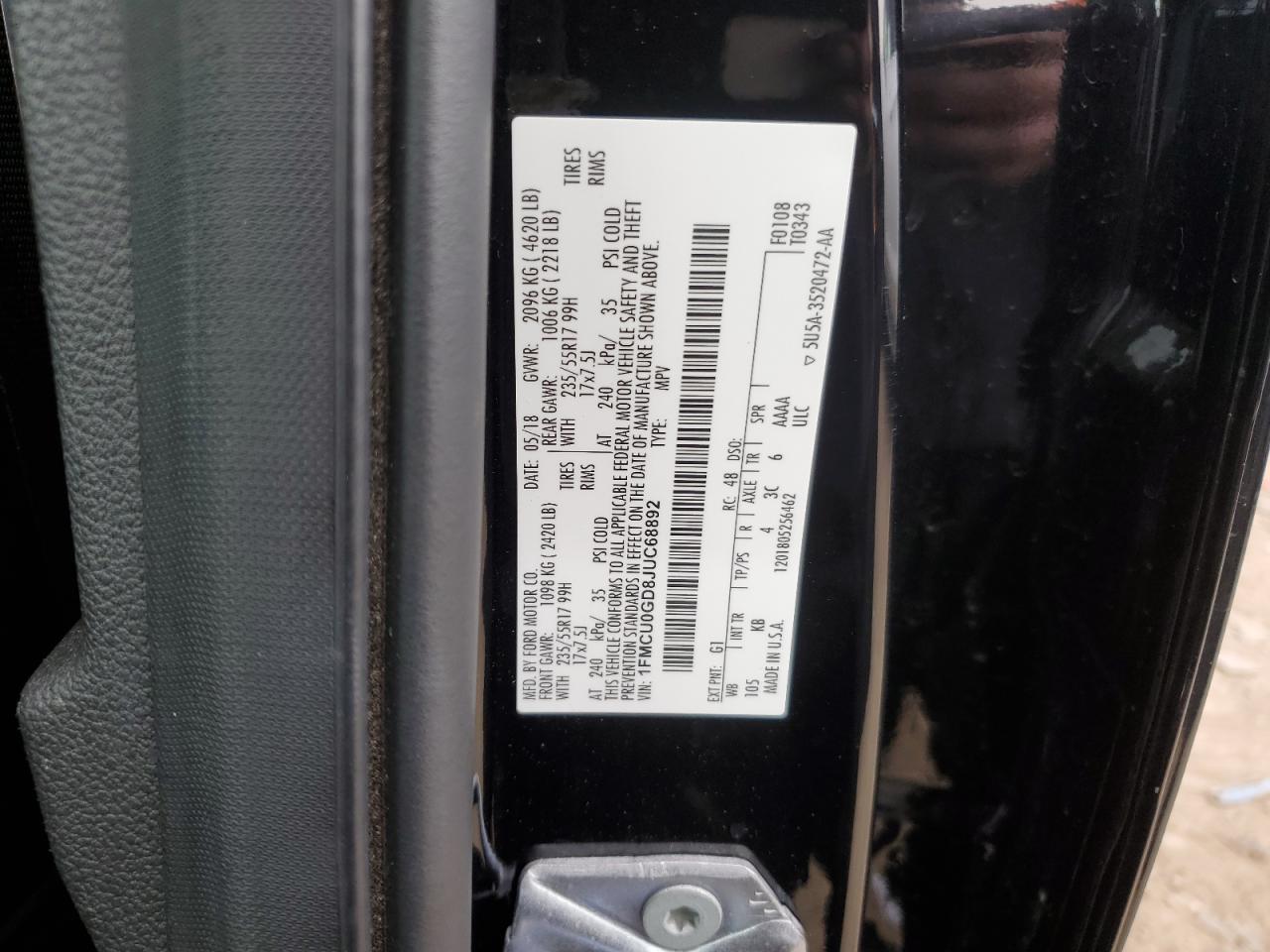 2018 Ford Escape VIN 1FMCU0GD8JUC68892 Copart auction photo, front end / side damage thumbnail 15