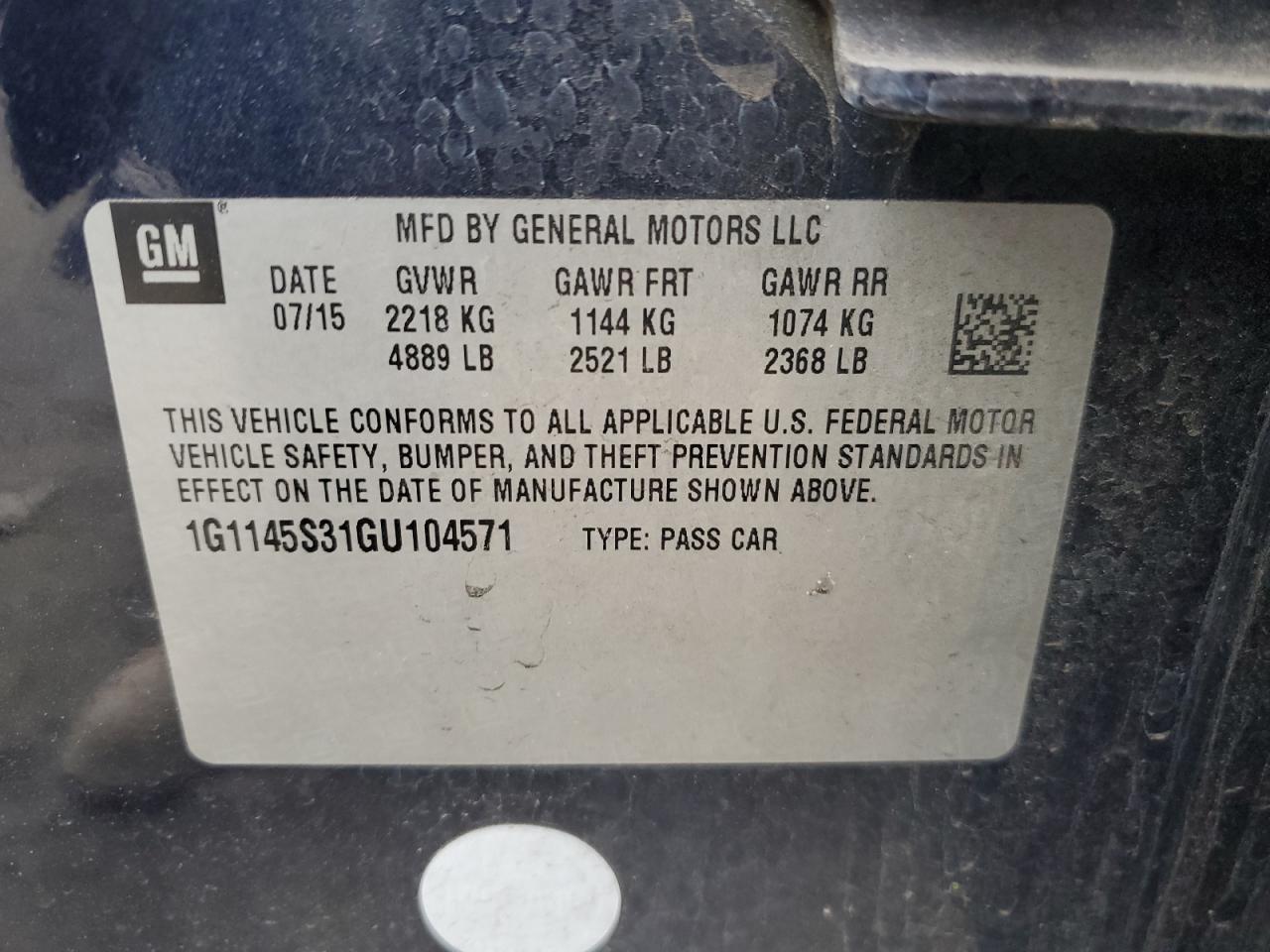 2016 Chevrolet Impala VIN 1G1145S31GU104571 Copart auction photo, all over damage thumbnail 14