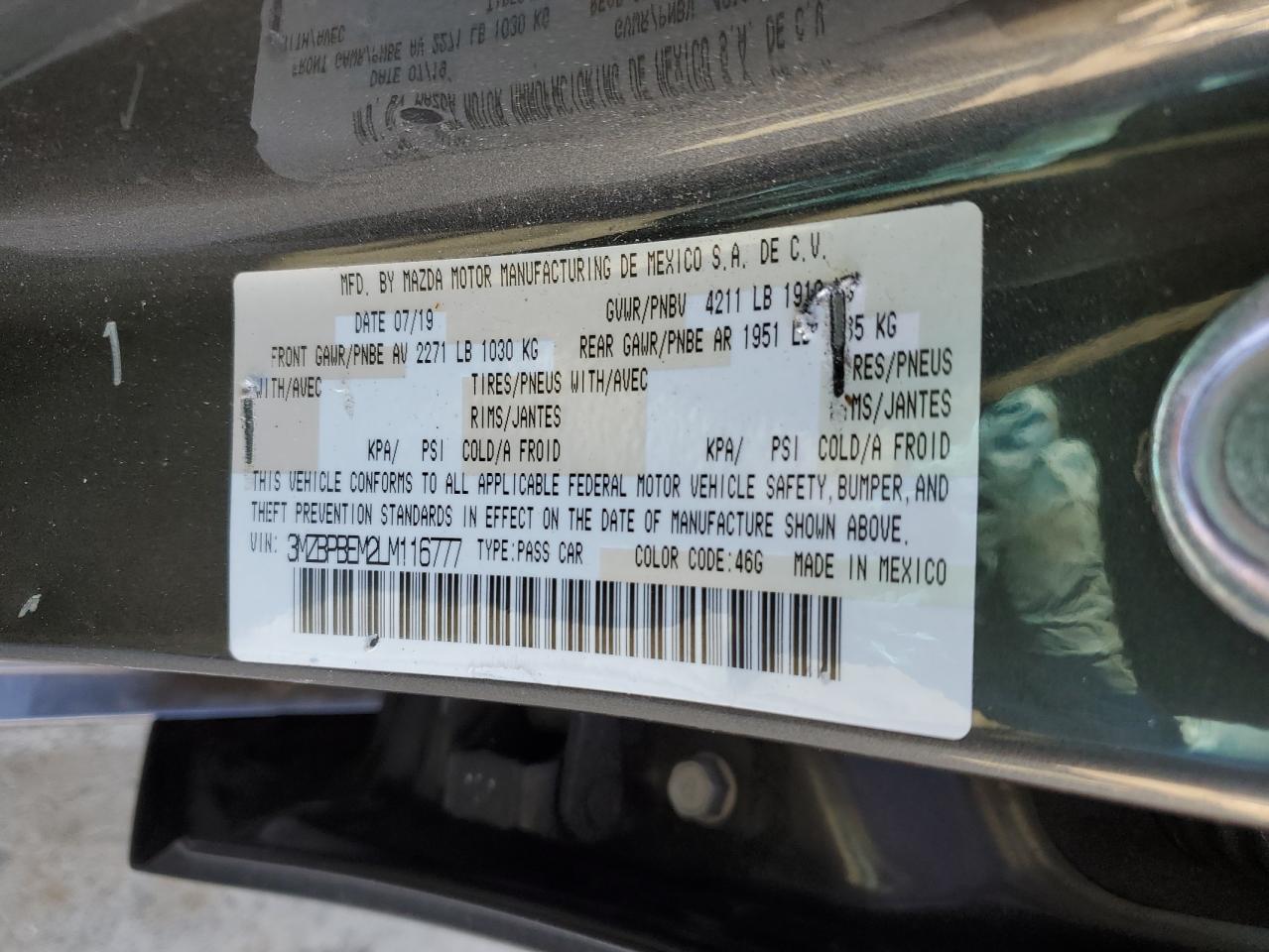 2020 Mazda 3 VIN 3MZBPBEM2LM116777 Copart auction photo, front end / rear end damage thumbnail 12