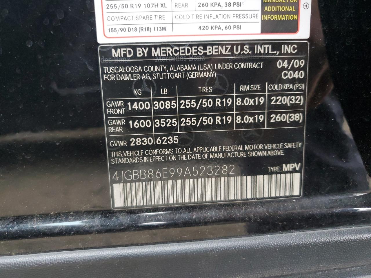 2009 Mercedes-Benz M-klasse VIN 4JGBB86E99A523282 Copart auction photo, front end / minor dent/scratches damage thumbnail 13