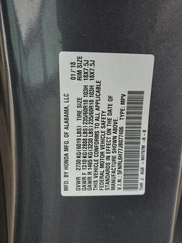 2018 Honda Odyssey VIN 5FNRL6H77JB077406 Copart auction photo, front end / rear end damage thumbnail 13