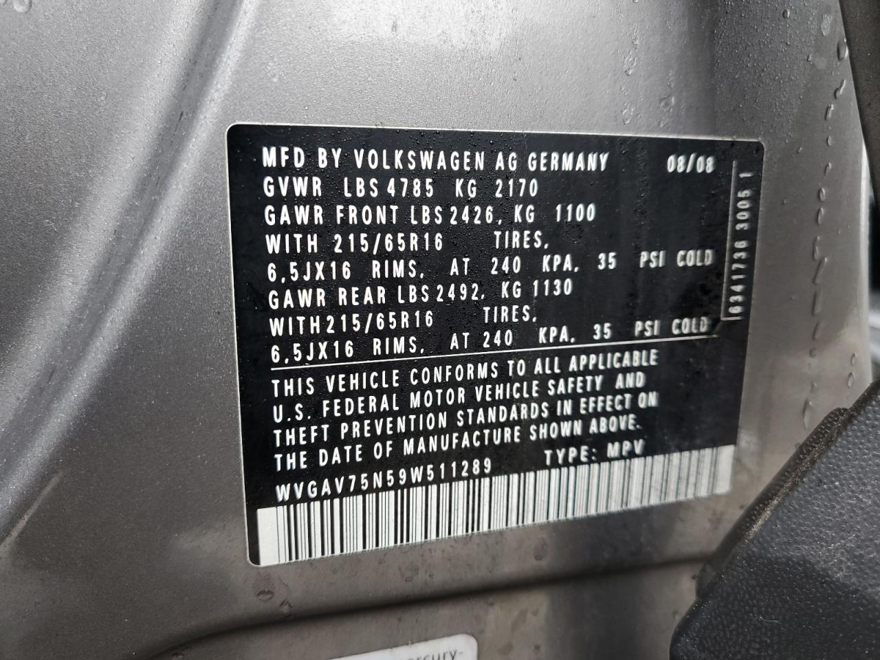 2009 Volkswagen Tiguan VIN WVGAV75N59W511289 Copart auction photo, side / top/roof damage thumbnail 13