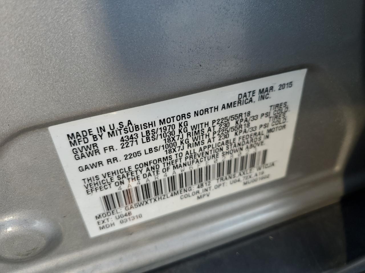 2015 Mitsubishi Outlander VIN 4A4AR4AW6FE028023 Copart auction photo, front end / side damage thumbnail 14