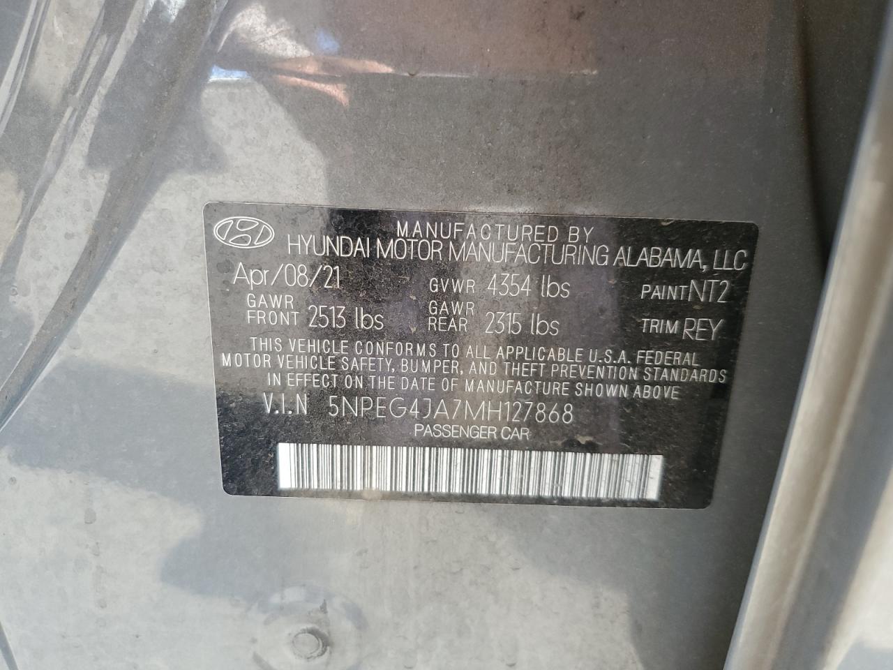 2021 Hyundai Sonata VIN 5NPEG4JA7MH127868 Copart auction photo, front end / side damage thumbnail 14