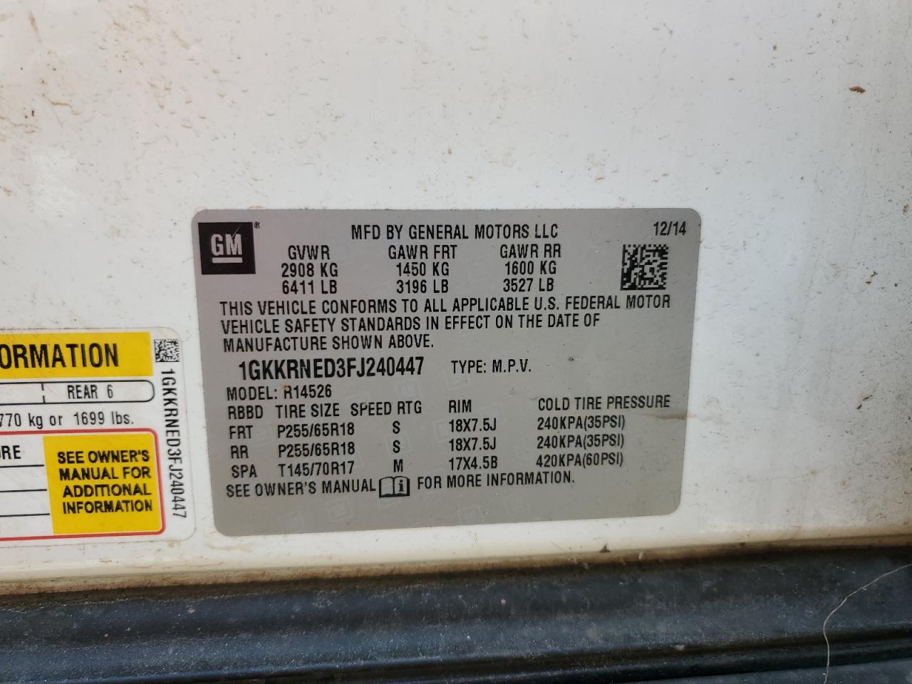 2015 GMC Acadia VIN 1GKKRNED3FJ240447 Copart auction photo, rear end damage thumbnail 13