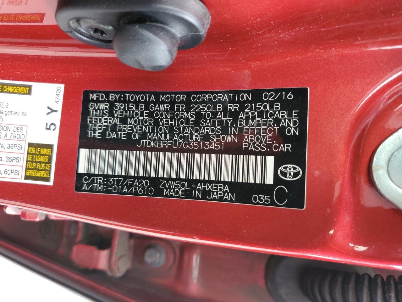 2016 Toyota Prius VIN JTDKBRFU7G3513451 Copart auction photo, front end / side damage thumbnail 12