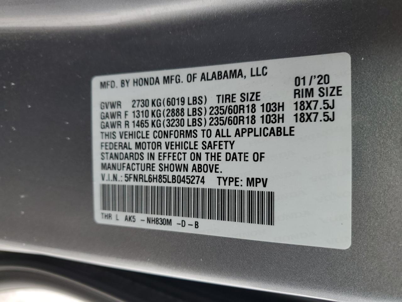 2020 Honda Odyssey VIN 5FNRL6H85LB045274 Copart auction photo, front end damage thumbnail 13