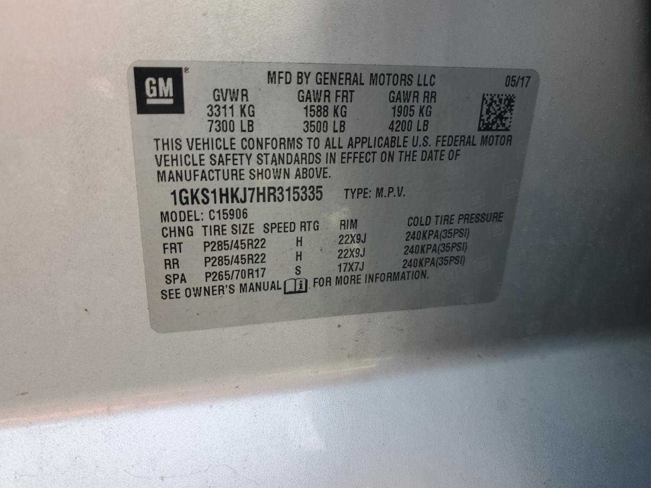 2017 GMC Yukon VIN 1GKS1HKJ7HR315335 Copart auction photo, water/flood damage thumbnail 13