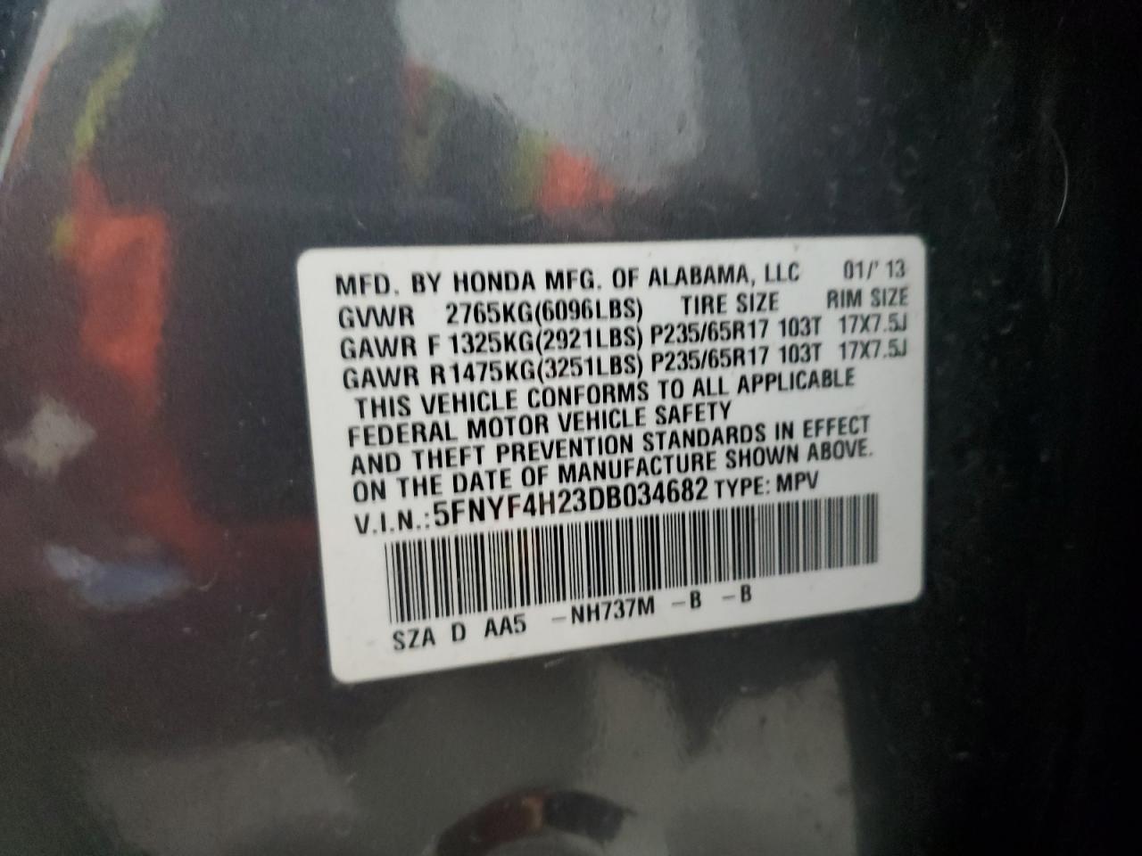2013 Honda Pilot VIN 5FNYF4H23DB034682 Copart auction photo, front end / undercarriage damage thumbnail 13