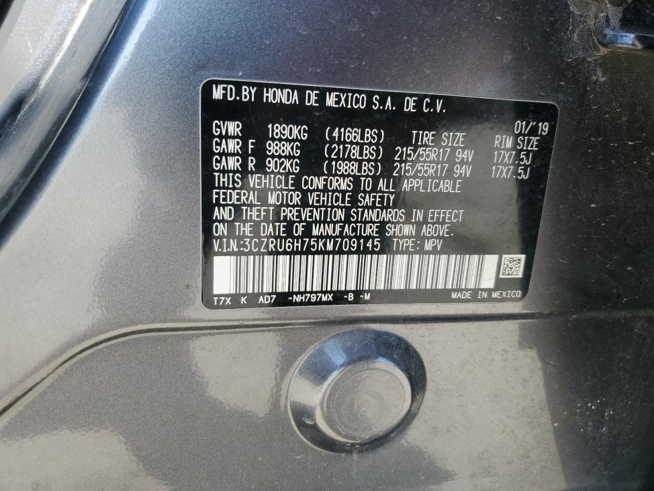 2019 Honda HR-V VIN 3CZRU6H75KM709145 Copart auction photo, stripped damage thumbnail 14