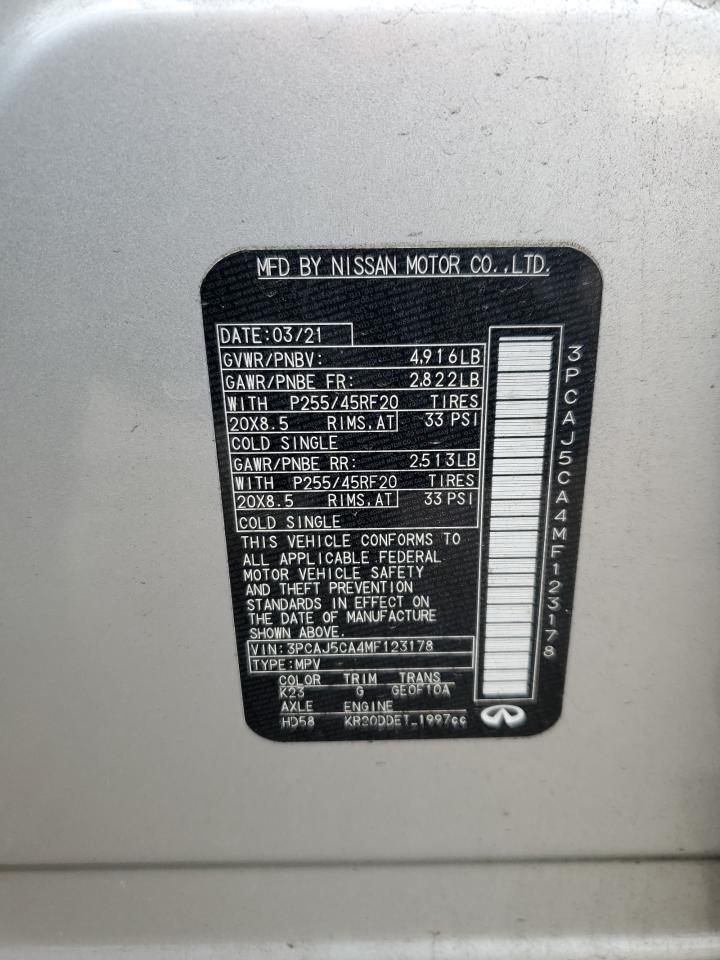 2021 Infiniti QX50 VIN 3PCAJ5CA4MF123178 Copart auction photo, side / front end damage thumbnail 13