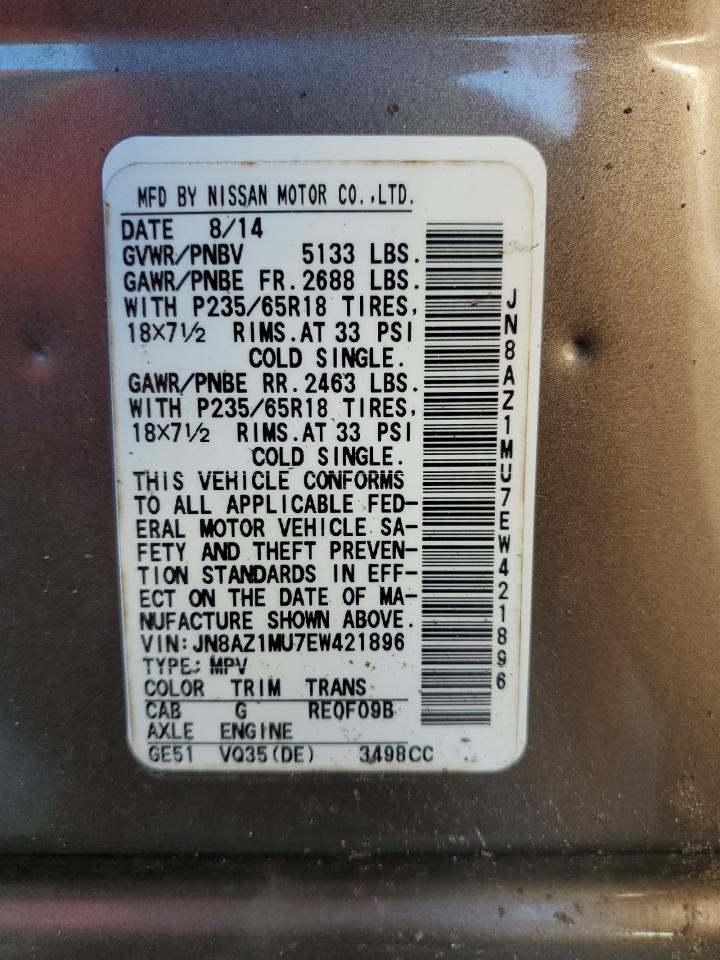 2014 Nissan Murano VIN JN8AZ1MU7EW421896 Copart auction photo, front end damage thumbnail 13