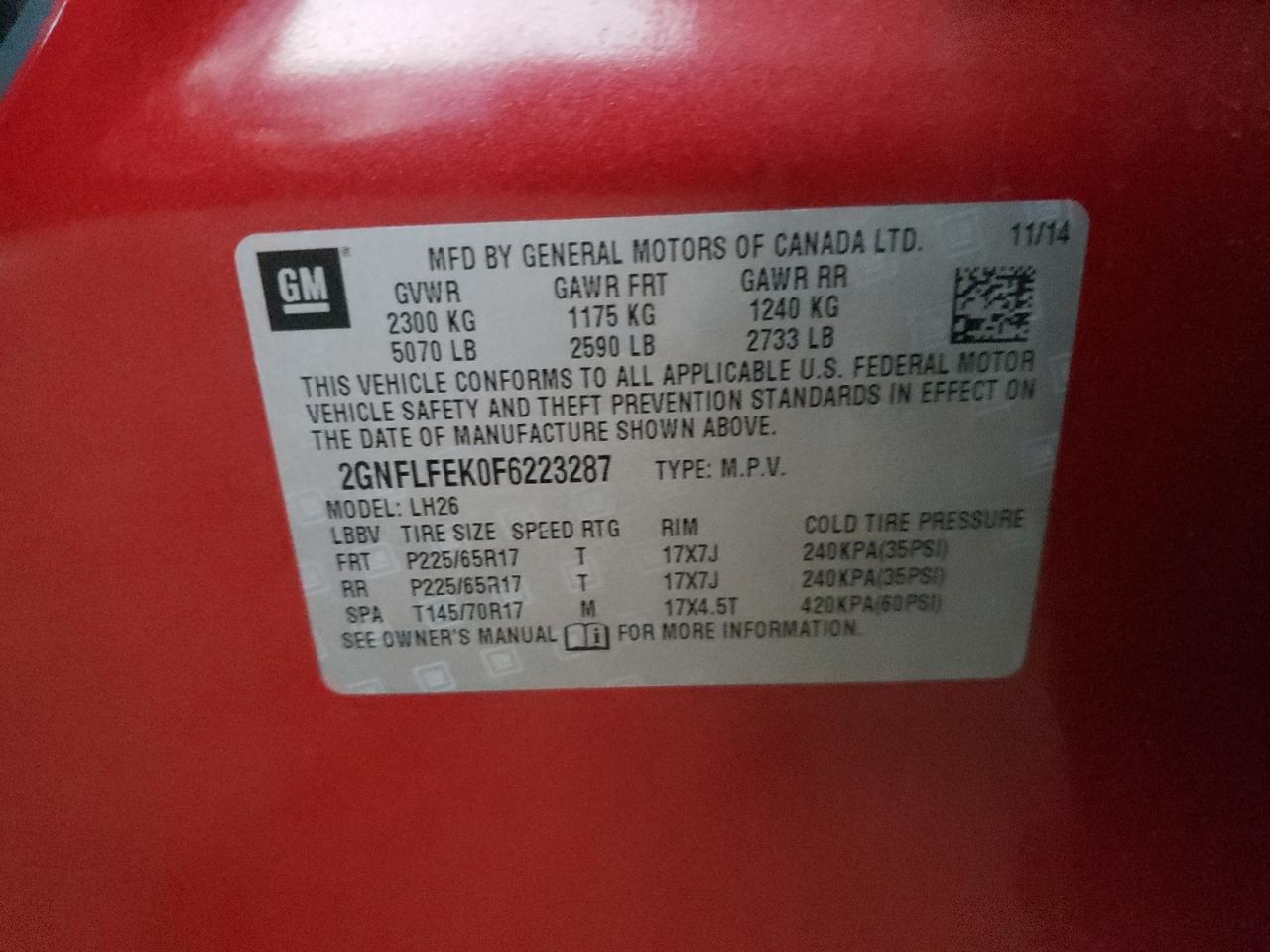 2015 Chevrolet Equinox VIN 2GNFLFEK0F6223287 Copart auction photo, biohazard/chemical / front end damage thumbnail 12