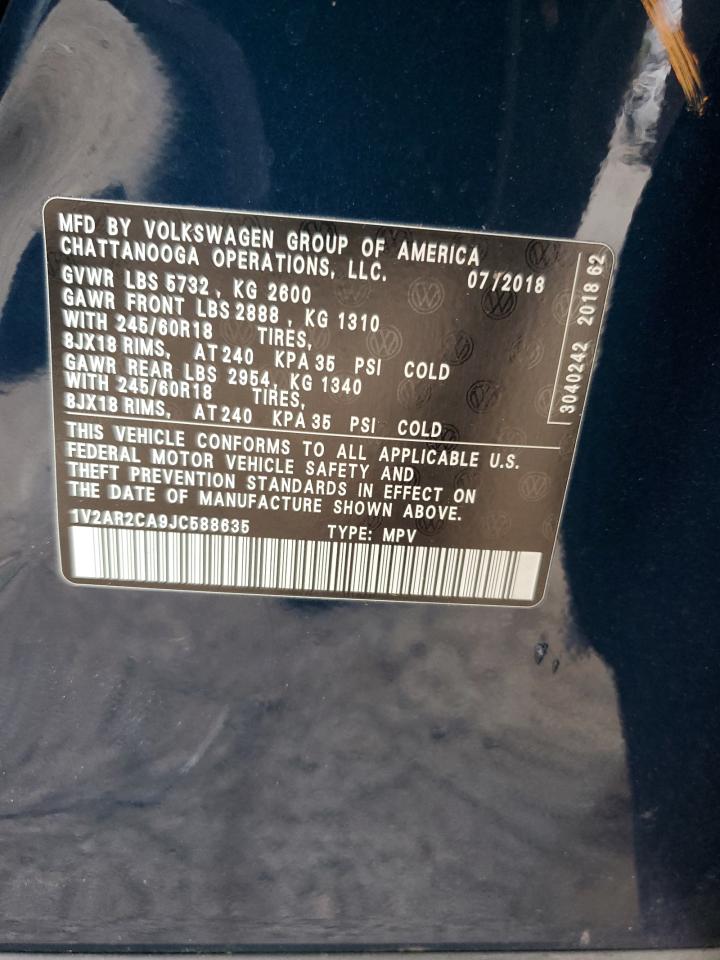 2018 Volkswagen Atlas VIN 1V2AR2CA9JC588635 Copart auction photo, side / rear end damage thumbnail 13