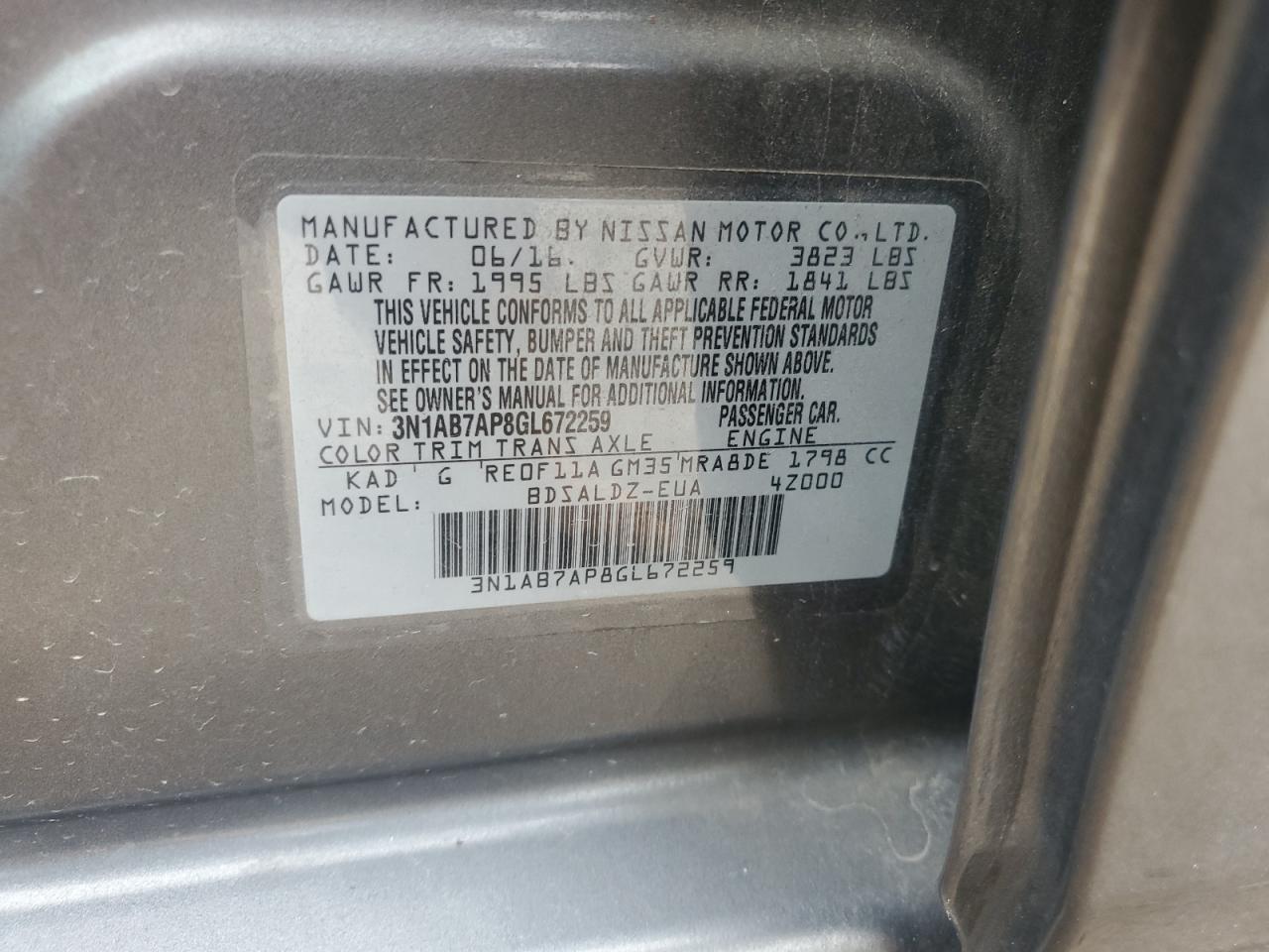2016 Nissan Sentra VIN 3N1AB7AP8GL672259 Copart auction photo, rear end damage thumbnail 12