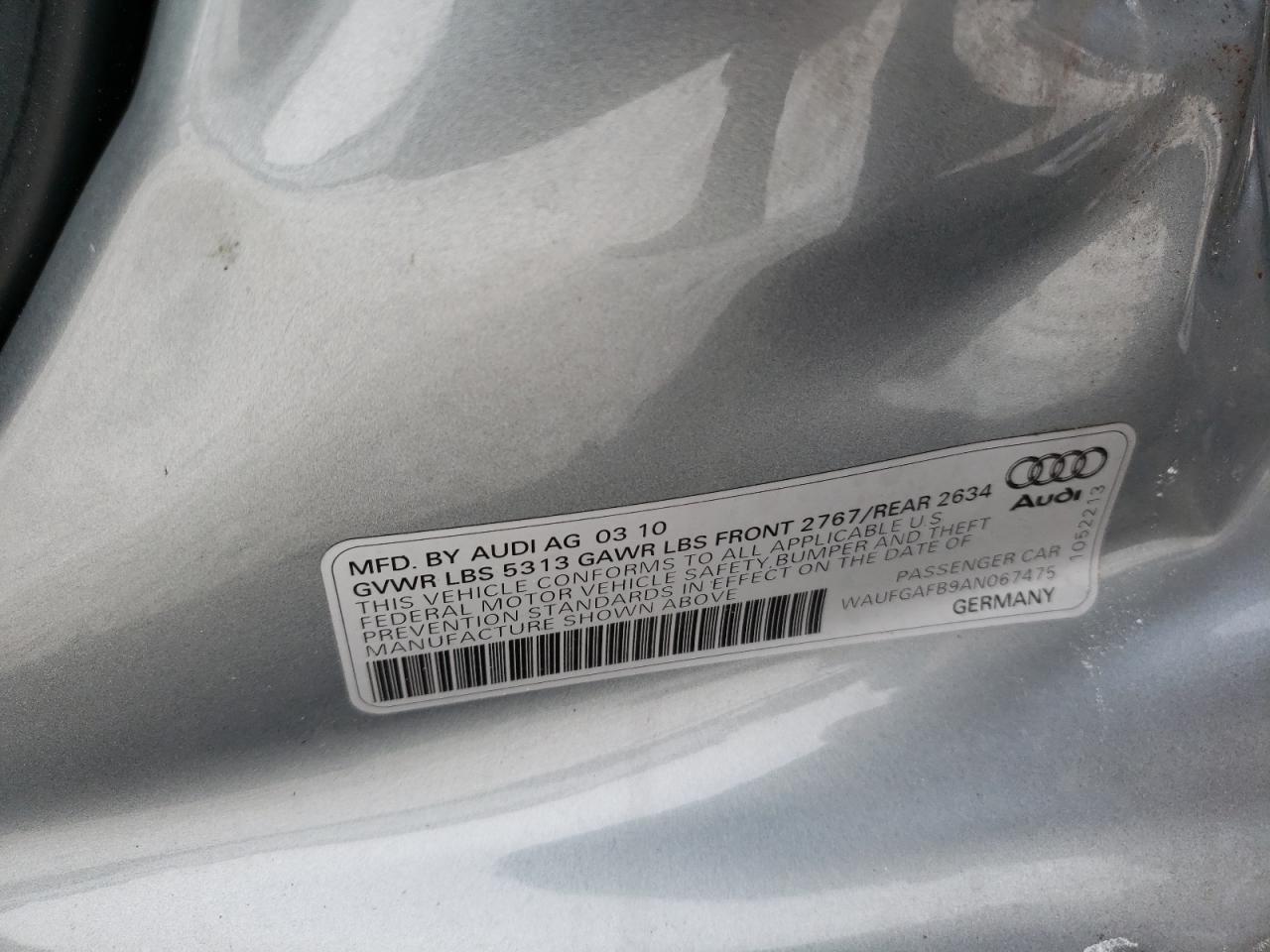 2010 Audi A6 VIN WAUFGAFB9AN067475 Copart auction photo, side / front end damage thumbnail 12