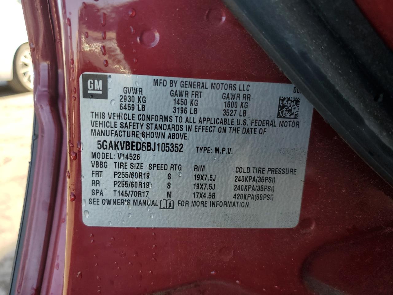 2011 Buick Enclave VIN 5GAKVBED6BJ105352 Copart auction photo, rear end / side damage thumbnail 14