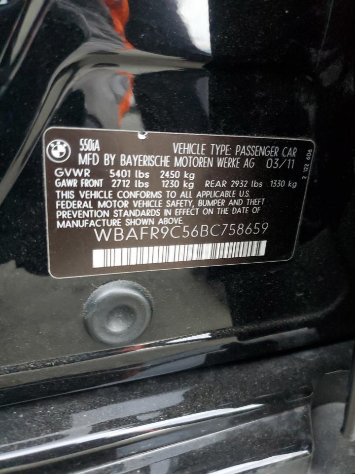 2011 BMW 5er VIN WBAFR9C56BC758659 Copart auction photo, front end / side damage thumbnail 12