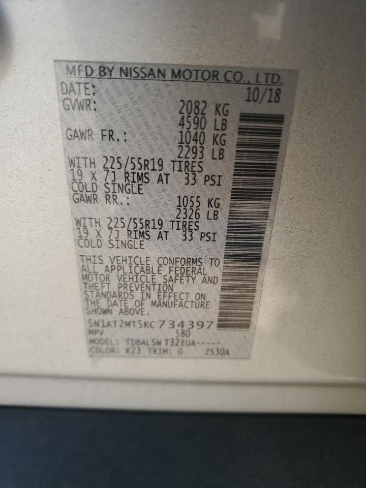 2019 Nissan Rogue VIN 5N1AT2MT5KC734397 Copart auction photo, front end / minor dent/scratches damage thumbnail 13