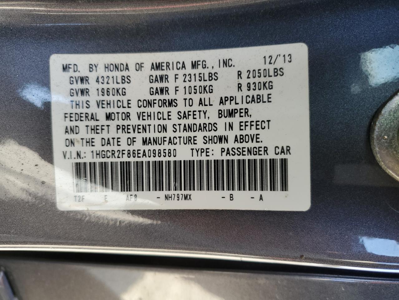 2014 Honda Accord VIN 1HGCR2F86EA098580 Copart auction photo, all over damage thumbnail 12