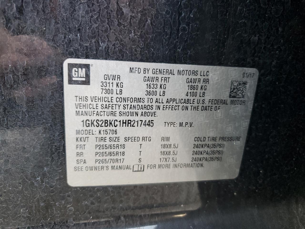 2017 GMC Yukon VIN 1GKS2BKC1HR217445 Copart auction photo, rear end damage thumbnail 15