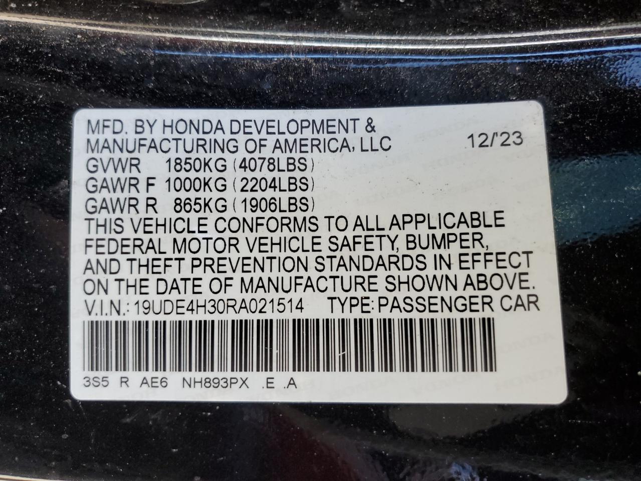2024 Acura Integra VIN 19UDE4H30RA021514 Copart auction photo, front end / side damage thumbnail 14
