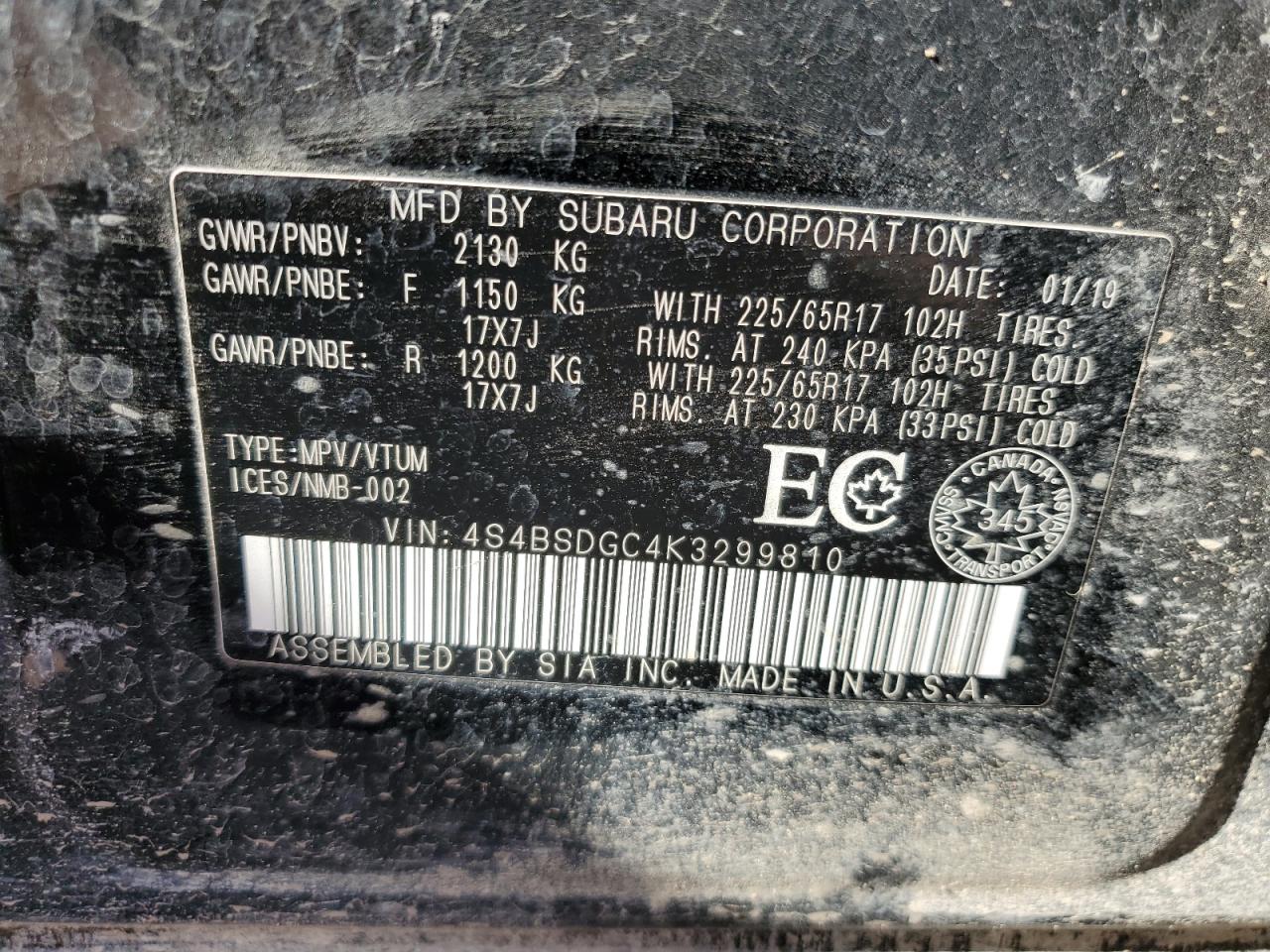 2019 Subaru Outback VIN 4S4BSDGC4K3299810 Copart auction photo, all over damage thumbnail 13