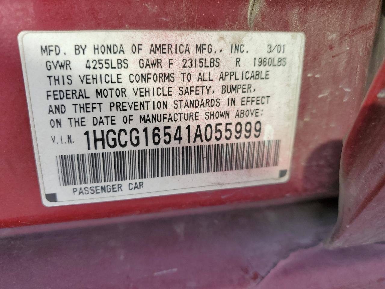 2001 Honda Accord VIN 1HGCG16541A055999 Copart auction photo, front end damage thumbnail 14