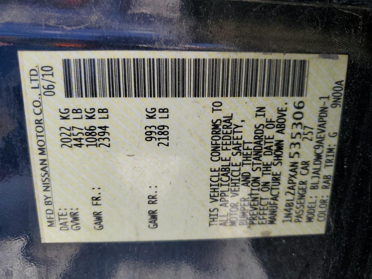 2010 Nissan Altima VIN 1N4BL2APXAN535306 Copart auction photo, front end damage thumbnail 12