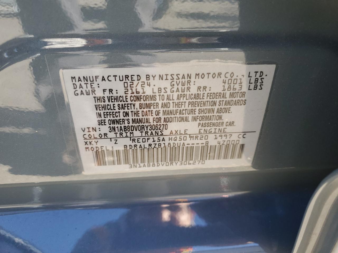 2024 Nissan Sentra VIN 3N1AB8DV0RY306270 Copart auction photo, rear end damage thumbnail 12