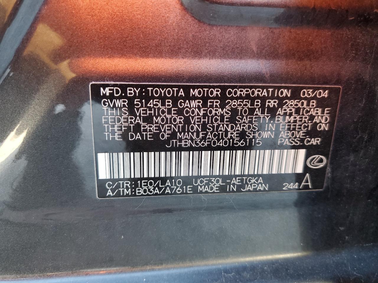 2004 Lexus LS VIN JTHBN36F040156115 Copart auction photo, front end / minor dent/scratches damage thumbnail 13