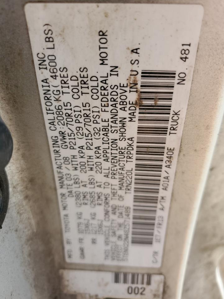 2008 Toyota Tacoma VIN 5TENX22N48Z571489 Copart auction photo, front end / side damage thumbnail 12