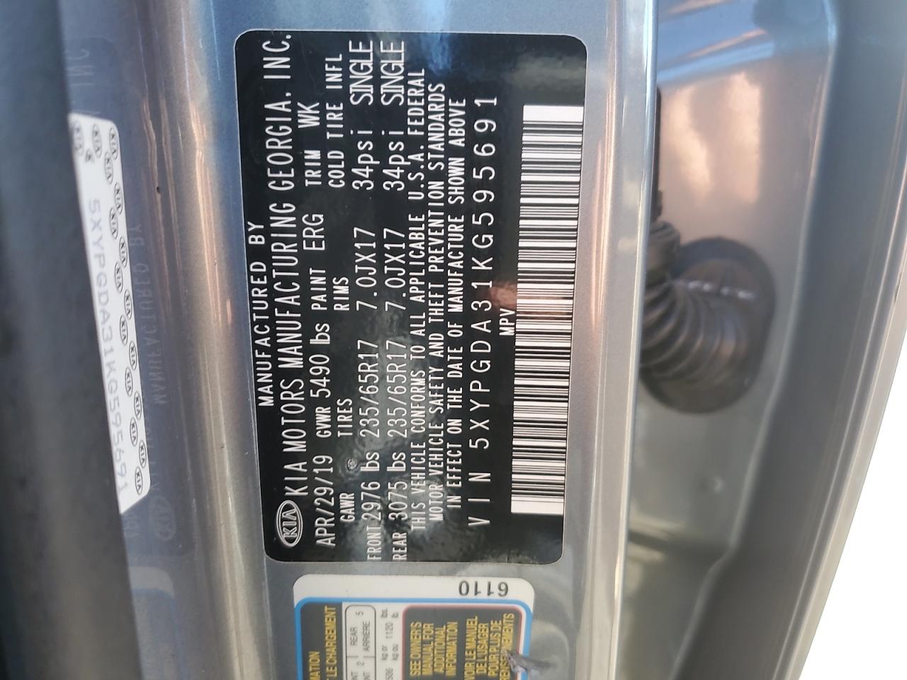 2019 KIA Sorento VIN 5XYPGDA31KG595691 Copart auction photo, all over damage thumbnail 12