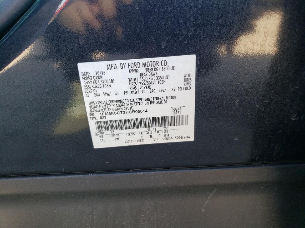 2017 Ford Explorer VIN 1FM5K8GT3HGB05614 Copart auction photo, all over damage thumbnail 13