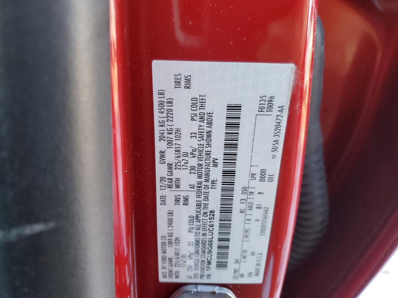 2020 Ford Escape VIN 1FMCU9G66LUC61528 Copart auction photo, side / front end damage thumbnail 14
