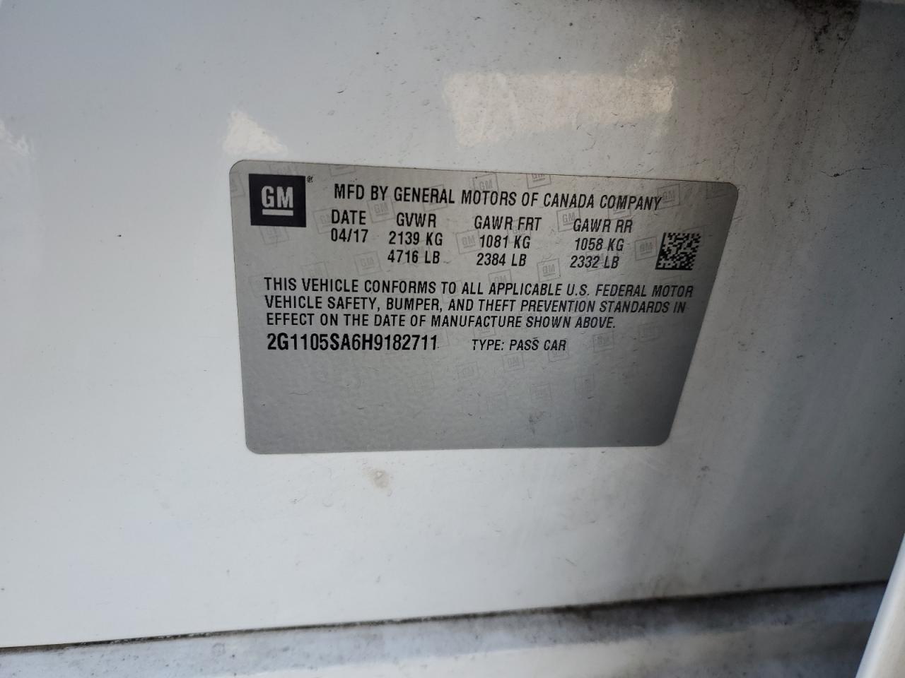 2017 Chevrolet Impala VIN 2G1105SA6H9182711 Copart auction photo, all over damage thumbnail 13