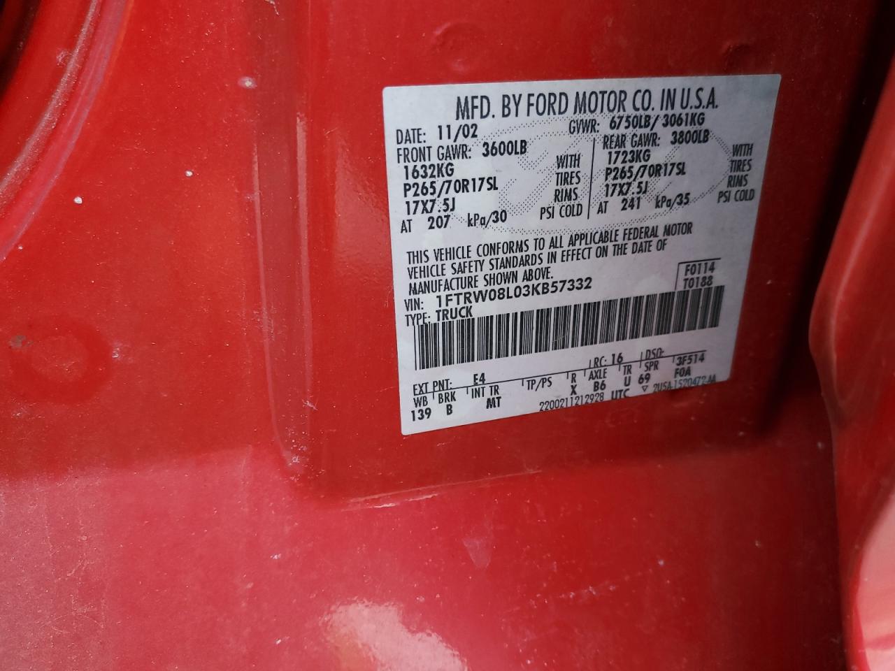 2003 Ford F-150 VIN 1FTRW08L03KB57332 Copart auction photo, rear end damage thumbnail 12