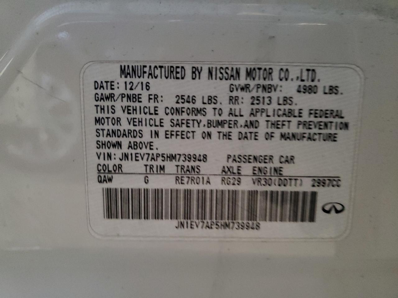 2017 Infiniti Q50 VIN JN1EV7AP5HM739948 Copart auction photo, vandalism / all over damage thumbnail 13