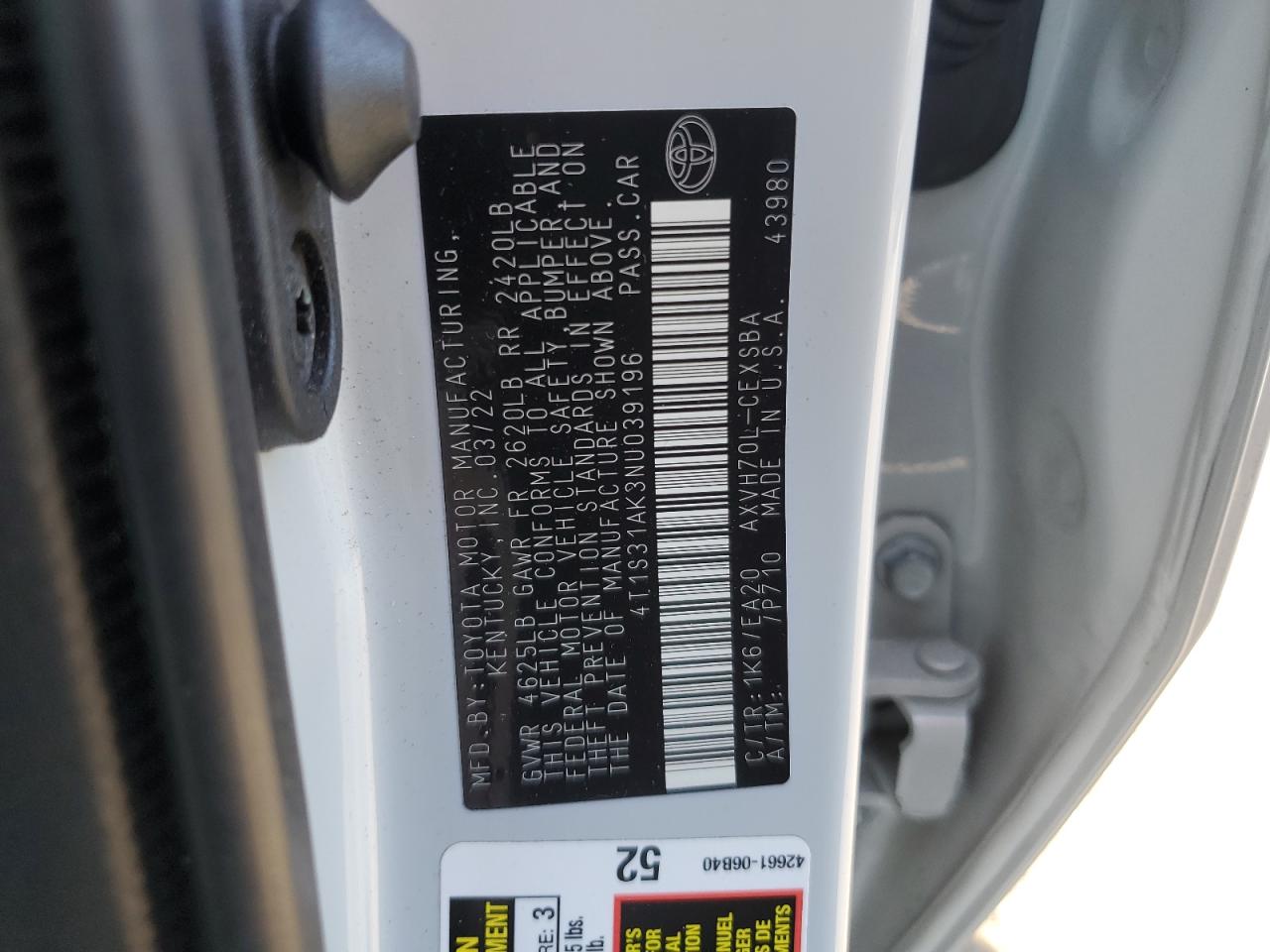 2022 Toyota Camry VIN 4T1S31AK3NU039196 Copart auction photo, front end / side damage thumbnail 12