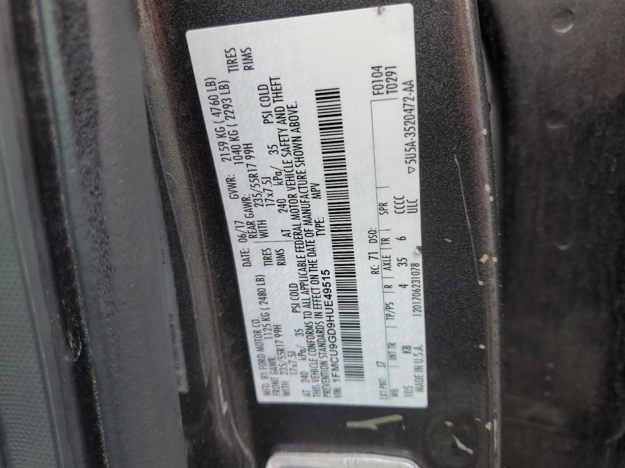 2017 Ford Escape VIN 1FMCU9GD9HUE49515 Copart auction photo, front end / minor dent/scratches damage thumbnail 13