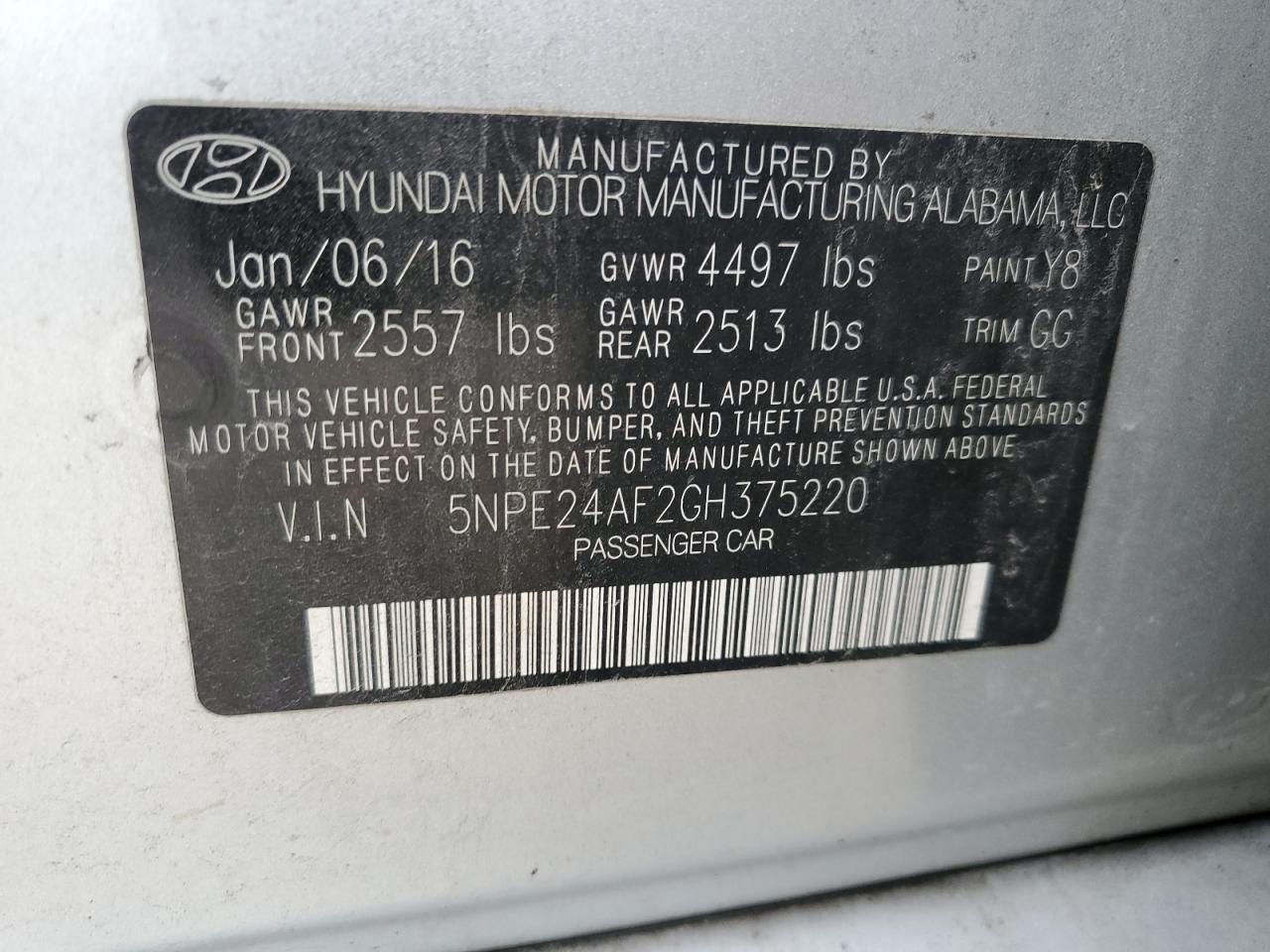 2016 Hyundai Sonata VIN 5NPE24AF2GH375220 Copart auction photo, front end damage thumbnail 13