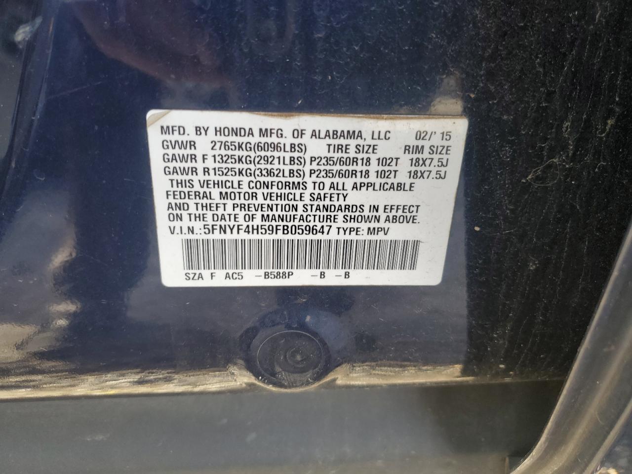 2015 Honda Pilot VIN 5FNYF4H59FB059647 Copart auction photo, side / rear end damage thumbnail 15