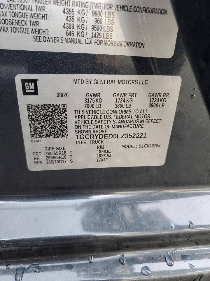 2020 Chevrolet Silverado VIN 1GCRYDED5LZ352221 Copart auction photo, rear end / minor dent/scratches damage thumbnail 14