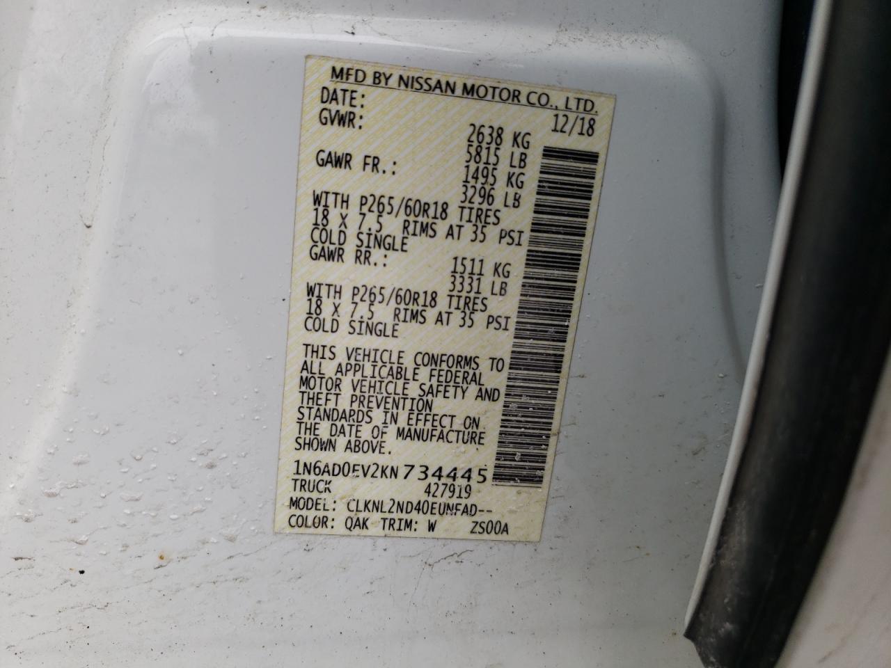 2019 Nissan Navara (Frontier) VIN 1N6AD0EV2KN734445 Copart auction photo, rear end damage thumbnail 12