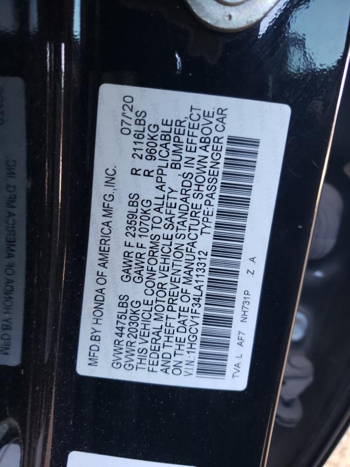 2020 Honda Accord VIN 1HGCV1F34LA113312 Copart auction photo, rear end / undercarriage damage thumbnail 13