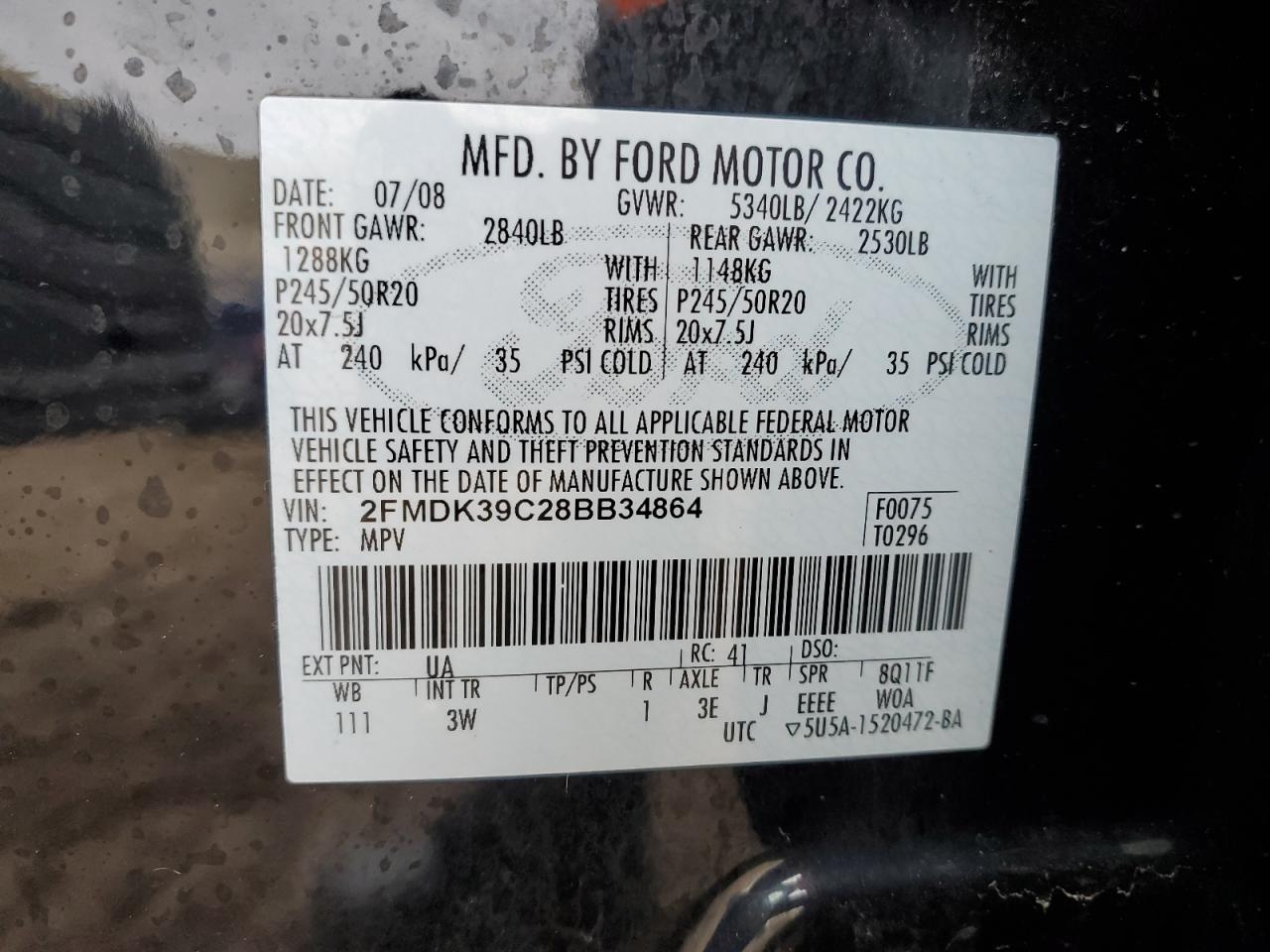 2008 Ford Edge VIN 2FMDK39C28BB34864 Copart auction photo, front end / minor dent/scratches damage thumbnail 14
