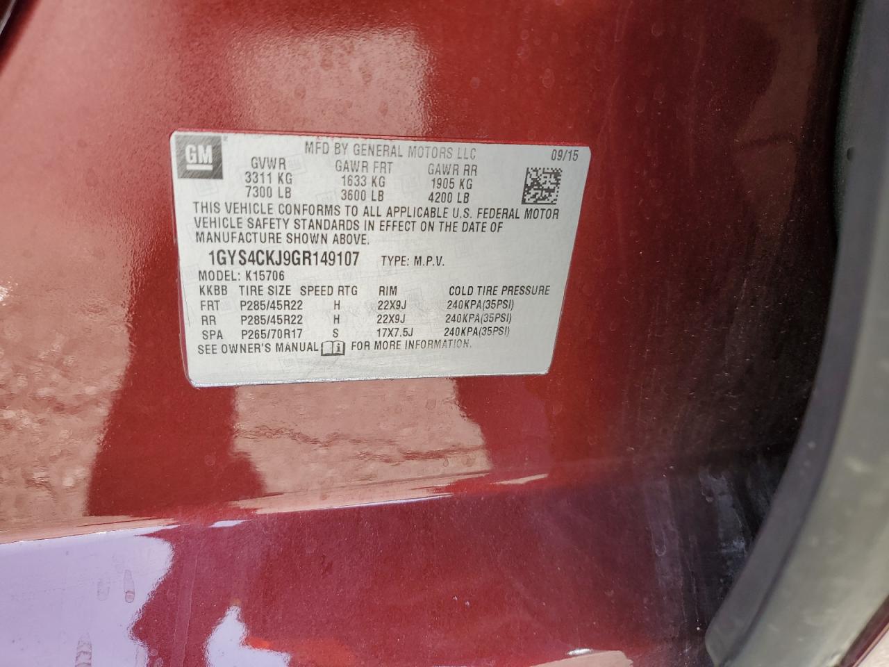 2016 Cadillac Escalade VIN 1GYS4CKJ9GR149107 Copart auction photo, burn - engine damage thumbnail 13