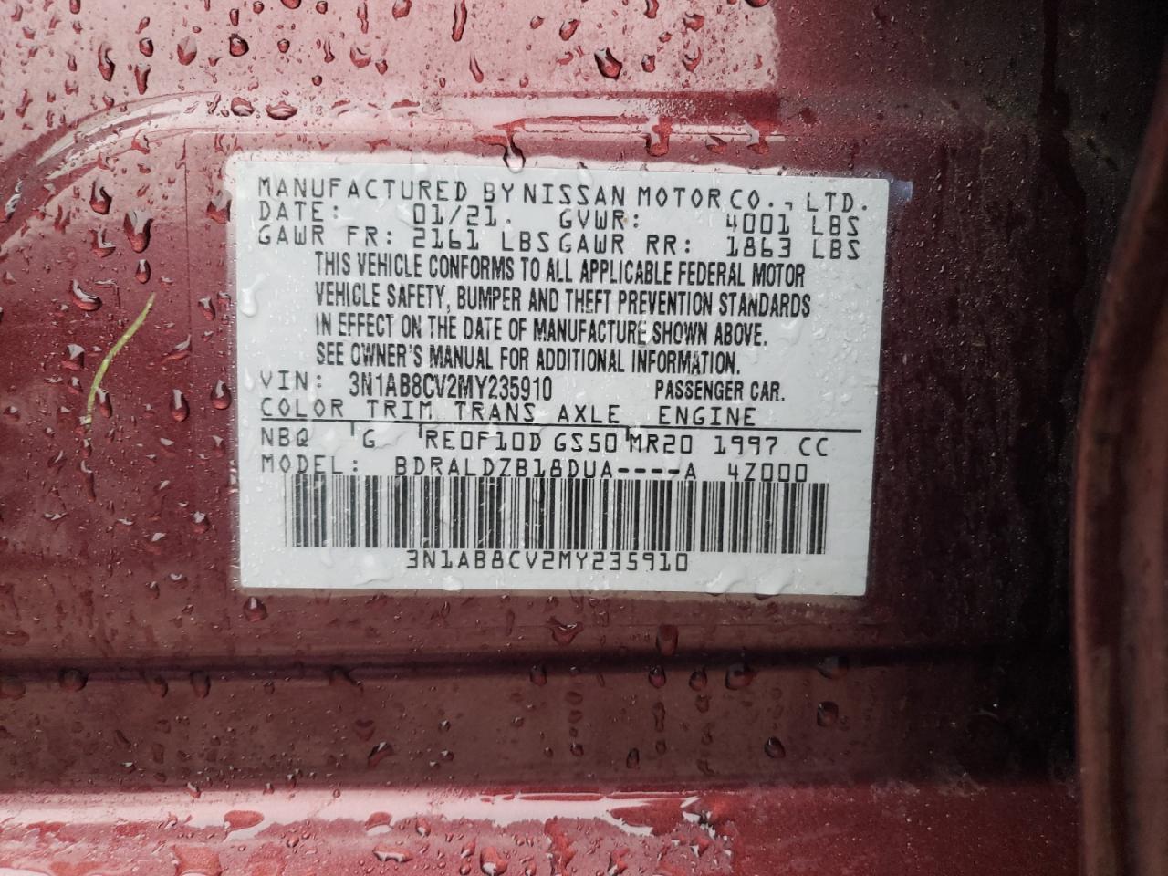 2021 Nissan Sentra VIN 3N1AB8CV2MY235910 Copart auction photo, front end / rear end damage thumbnail 12