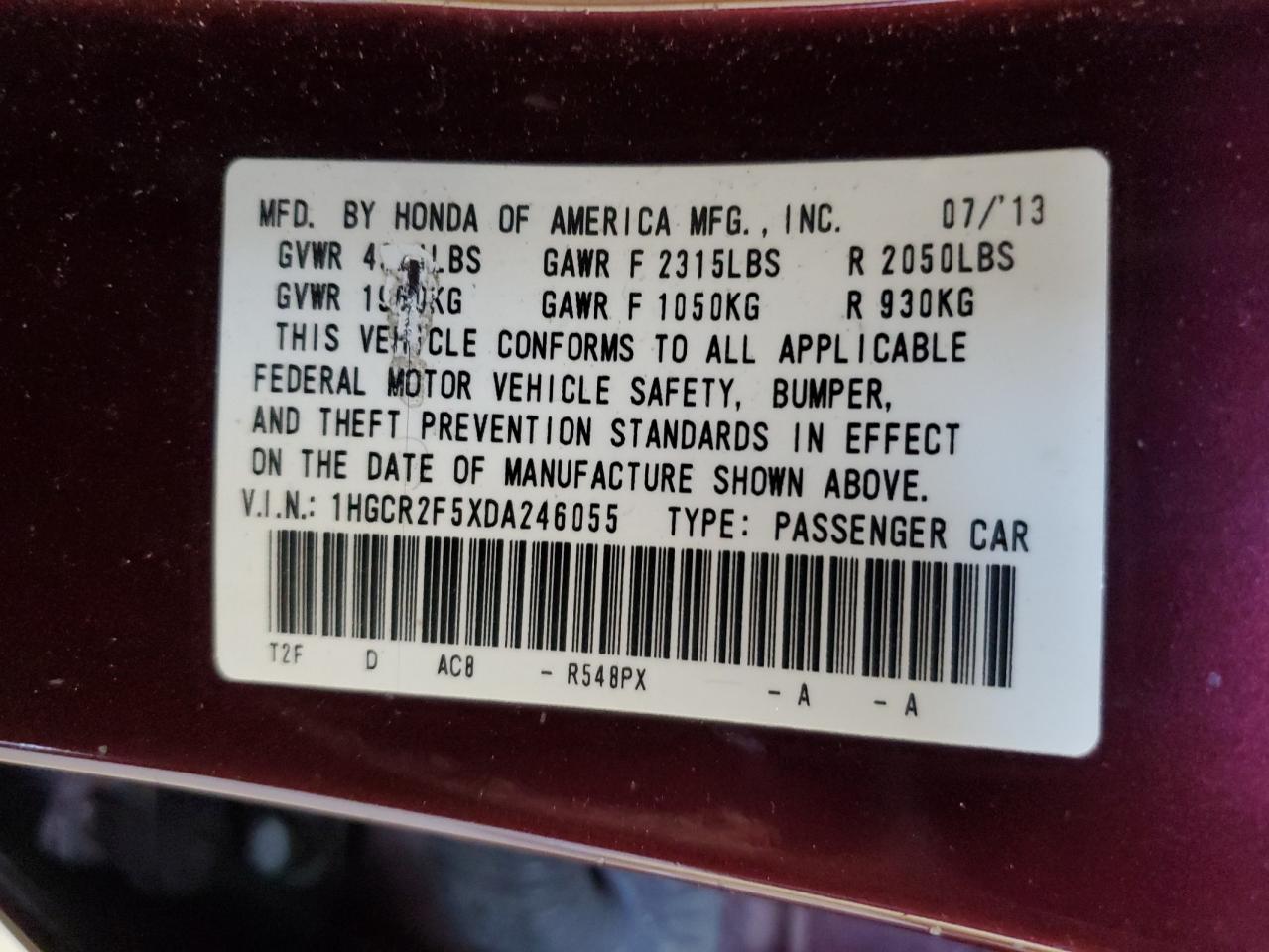 2013 Honda Accord VIN 1HGCR2F5XDA246055 Copart auction photo, front end damage thumbnail 14