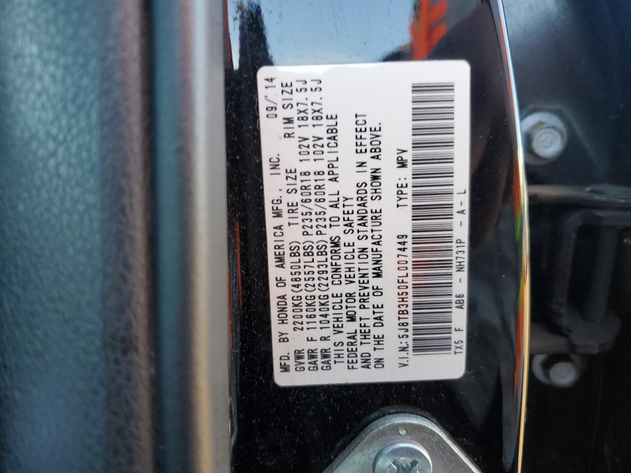 2015 Acura RDX VIN 5J8TB3H50FL007449 Copart auction photo, rear end / side damage thumbnail 15